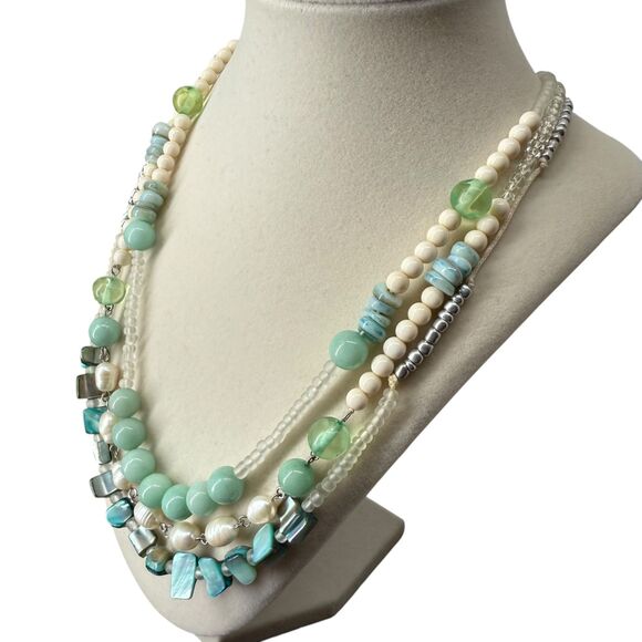 J. Jill Multi-Strand Necklace Aqua Ivory Layered Beaded Glass Pearl Ocean Sea - Picture 4 of 13